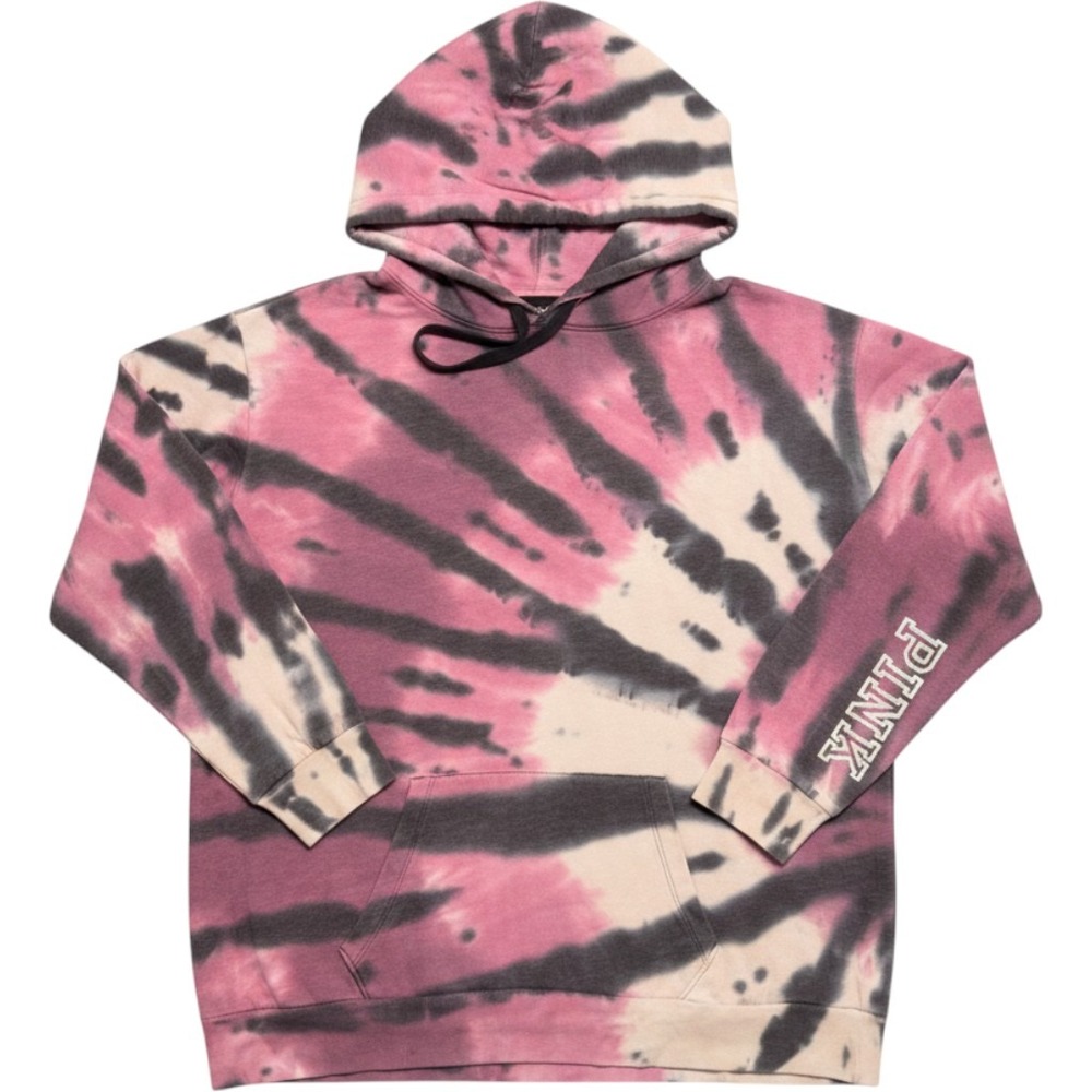 Victoria's Secret PINK Tie Dye Hoodie Pink Black Cream Logo Sleeve Pullover M